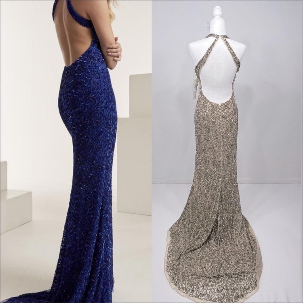 NWT lush beaded backless evening gown champagne size 8 - Picture 2 of 15